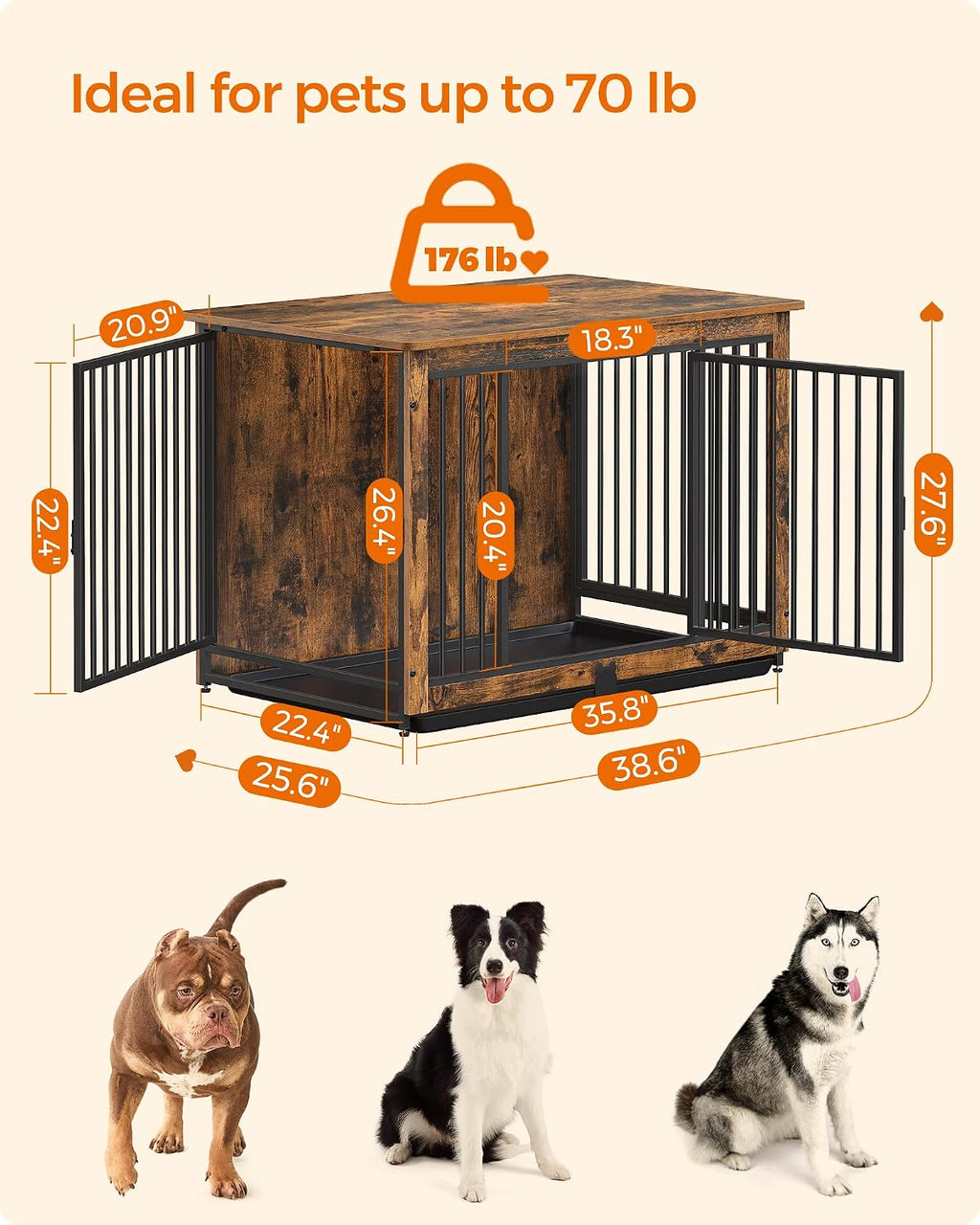 feandrea 38" dog crate furniture, heavy-duty dog kennel, side view