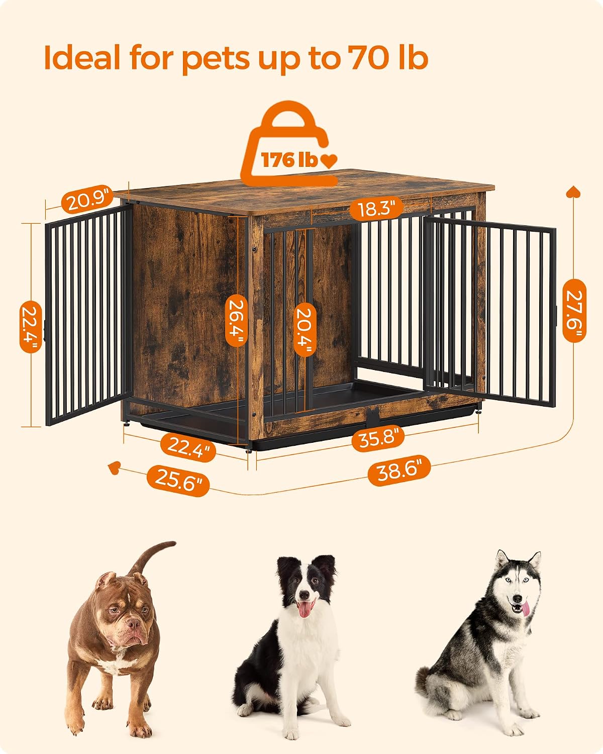 feandrea 38" dog crate furniture, heavy-duty dog kennel, side view
