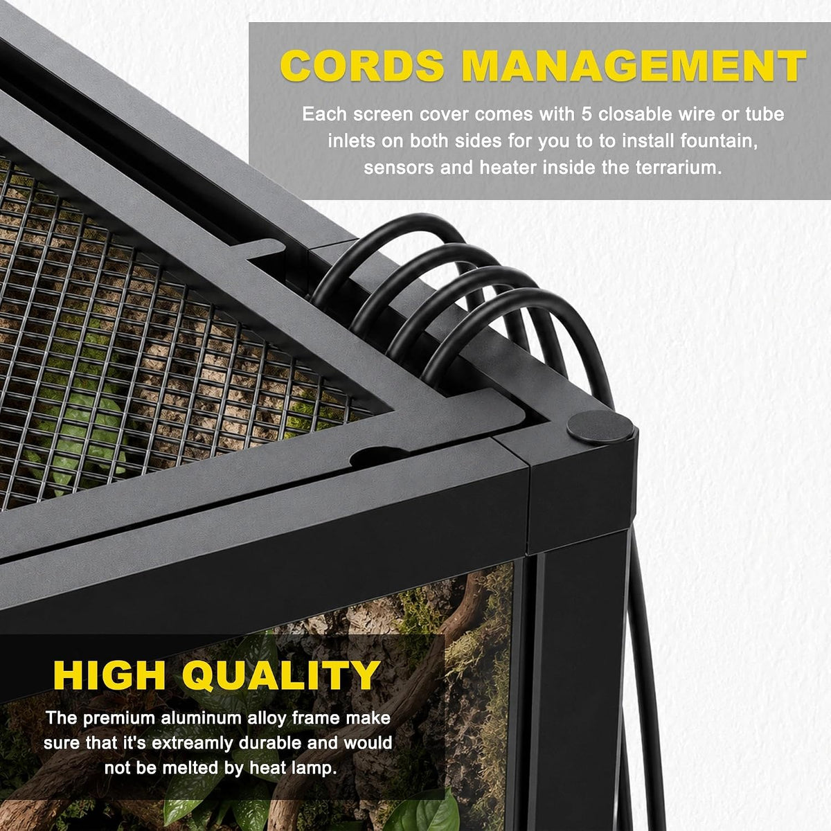 12"x12"x18" reptile terrarium, aluminum-frame glass vivarium for small, close-up detail