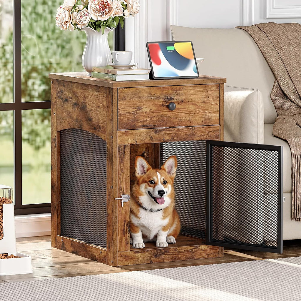 hoobro dog crate furniture, dog kennel with drawer, side view
