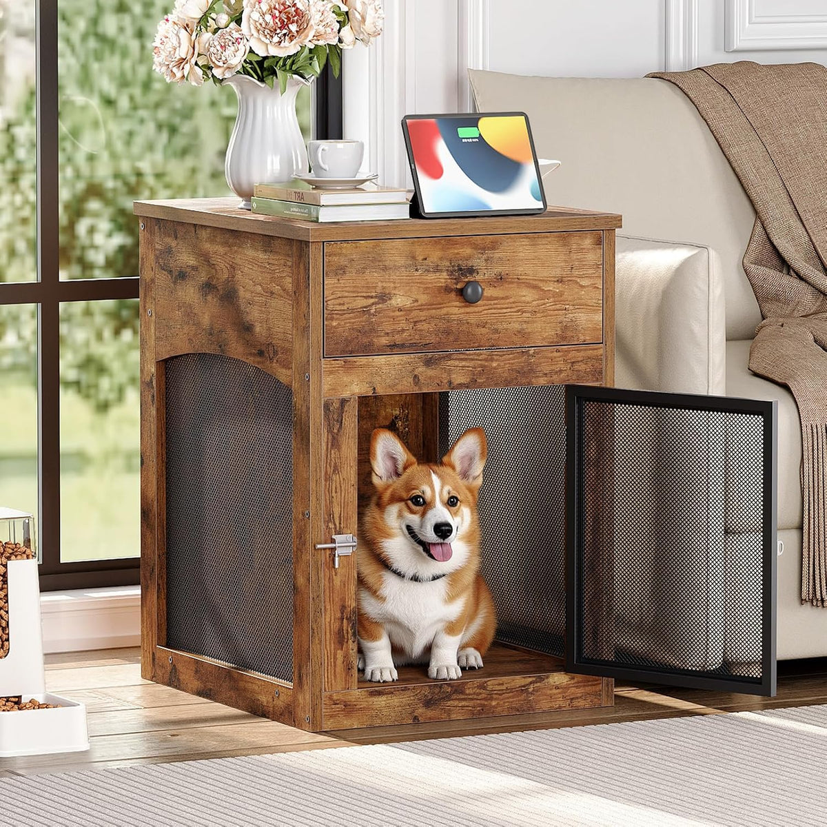 hoobro dog crate furniture, dog kennel with drawer, side view
