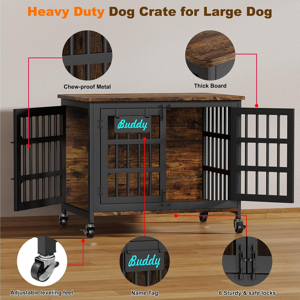 easycom 32 in heavy duty dog crate furniture, close-up detail