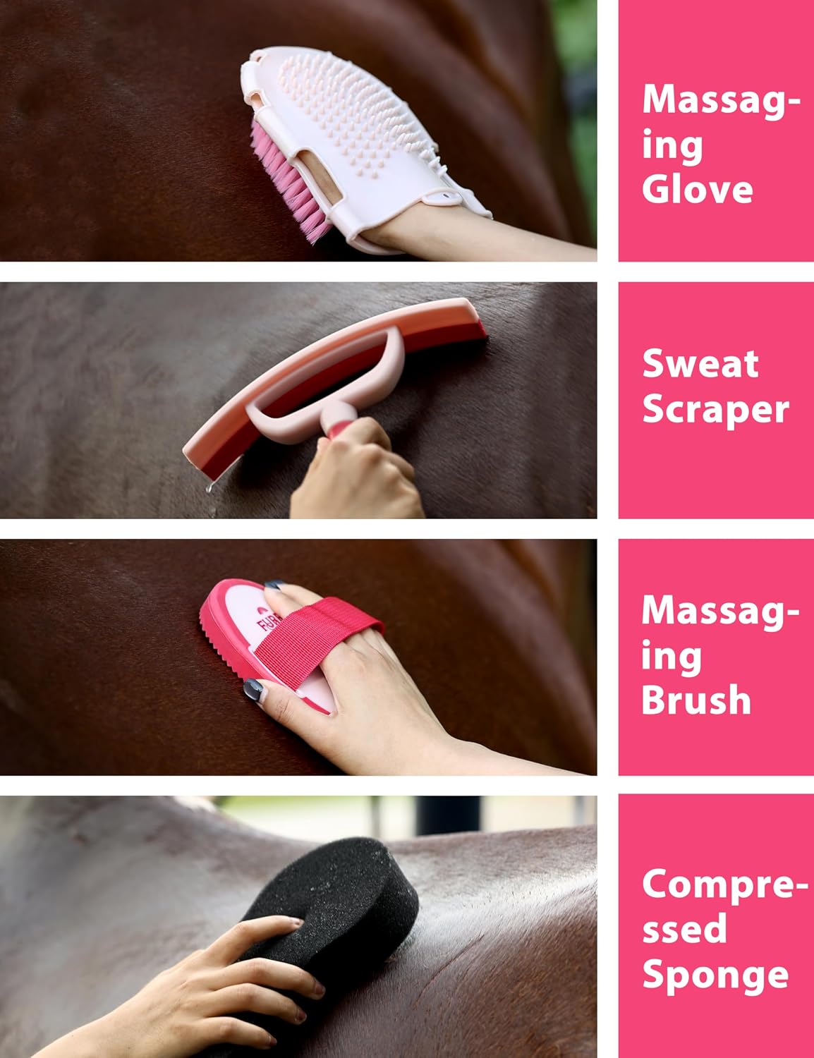 horse grooming kit, 11 piece horse brush set, side view