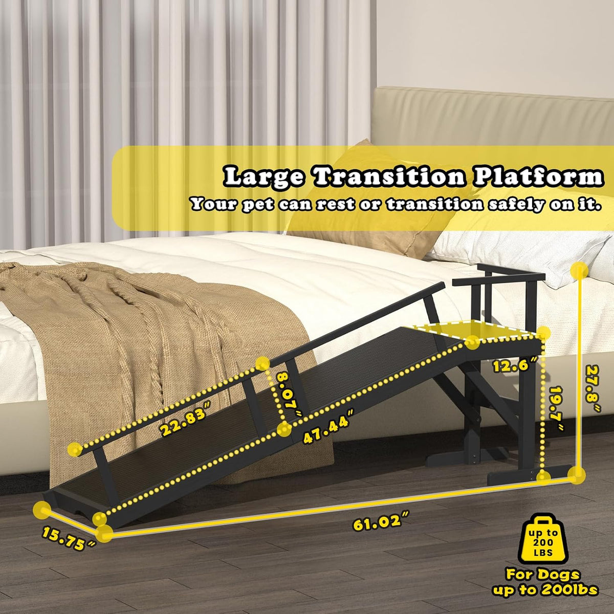 61" dog ramp for high bed, birchwood with shown in use