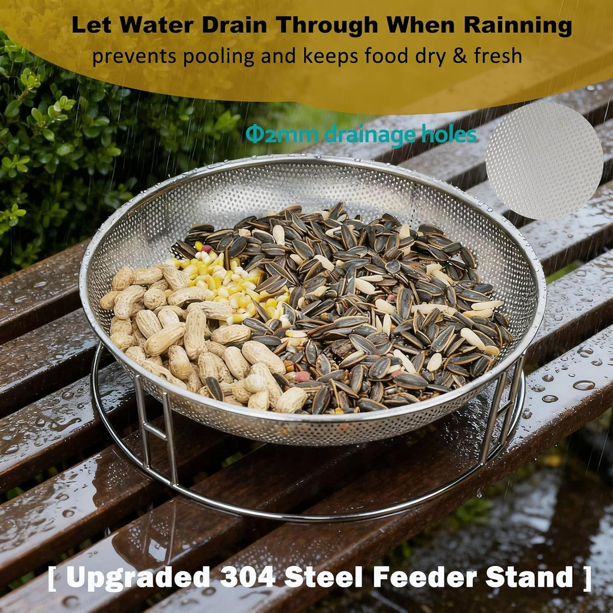 13-inch ground bird feeder and bath combo, stainless showing dimensions