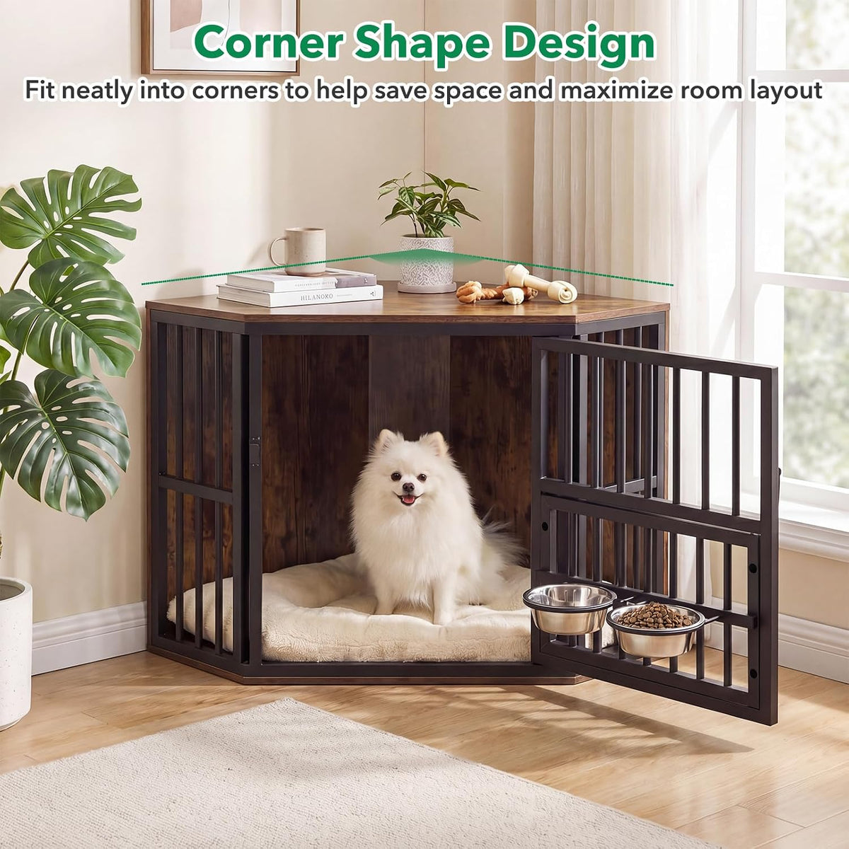 giantex corner dog crate furniture with adjustable & shown in use