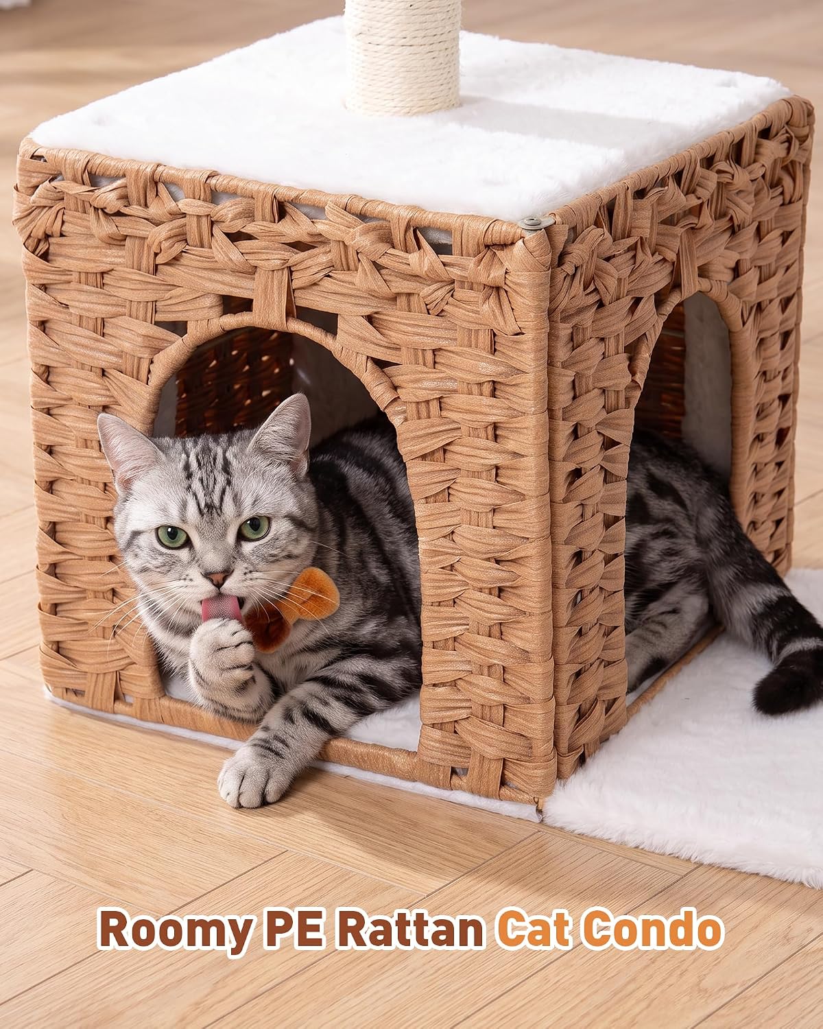 34" modern cat tree with large hammock, extra-long, close-up detail