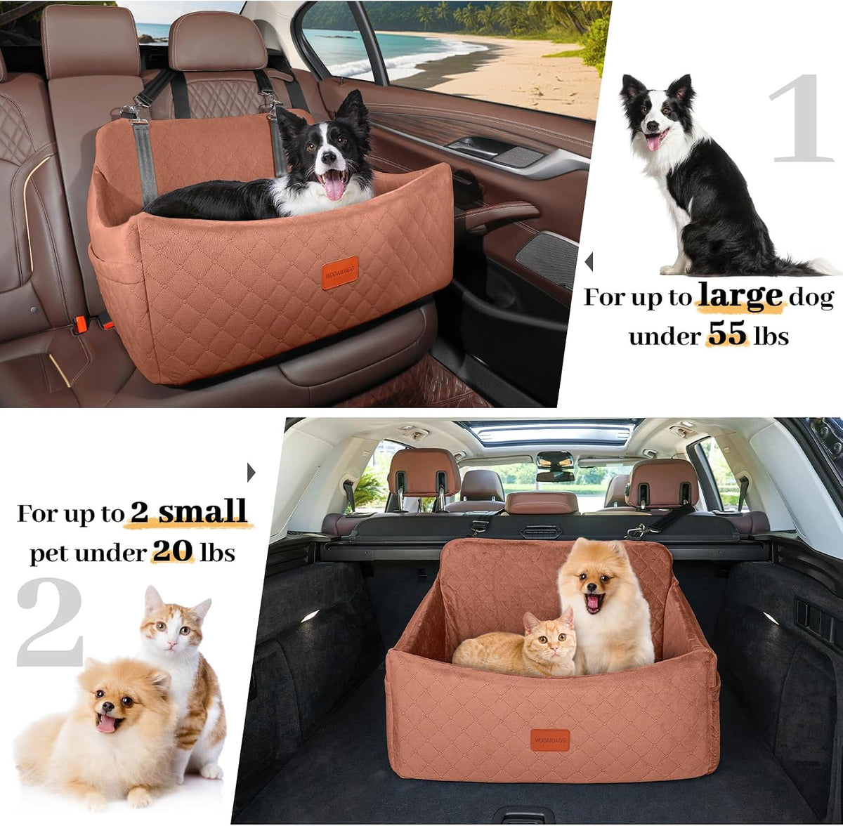 wooaidagg dog car seat for medium & large showing dimensions