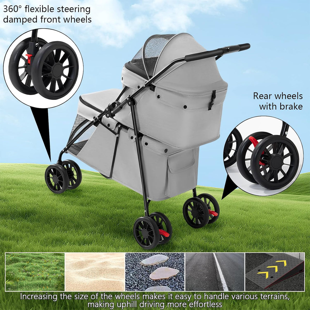 double pet stroller for medium small dogs and showing dimensions