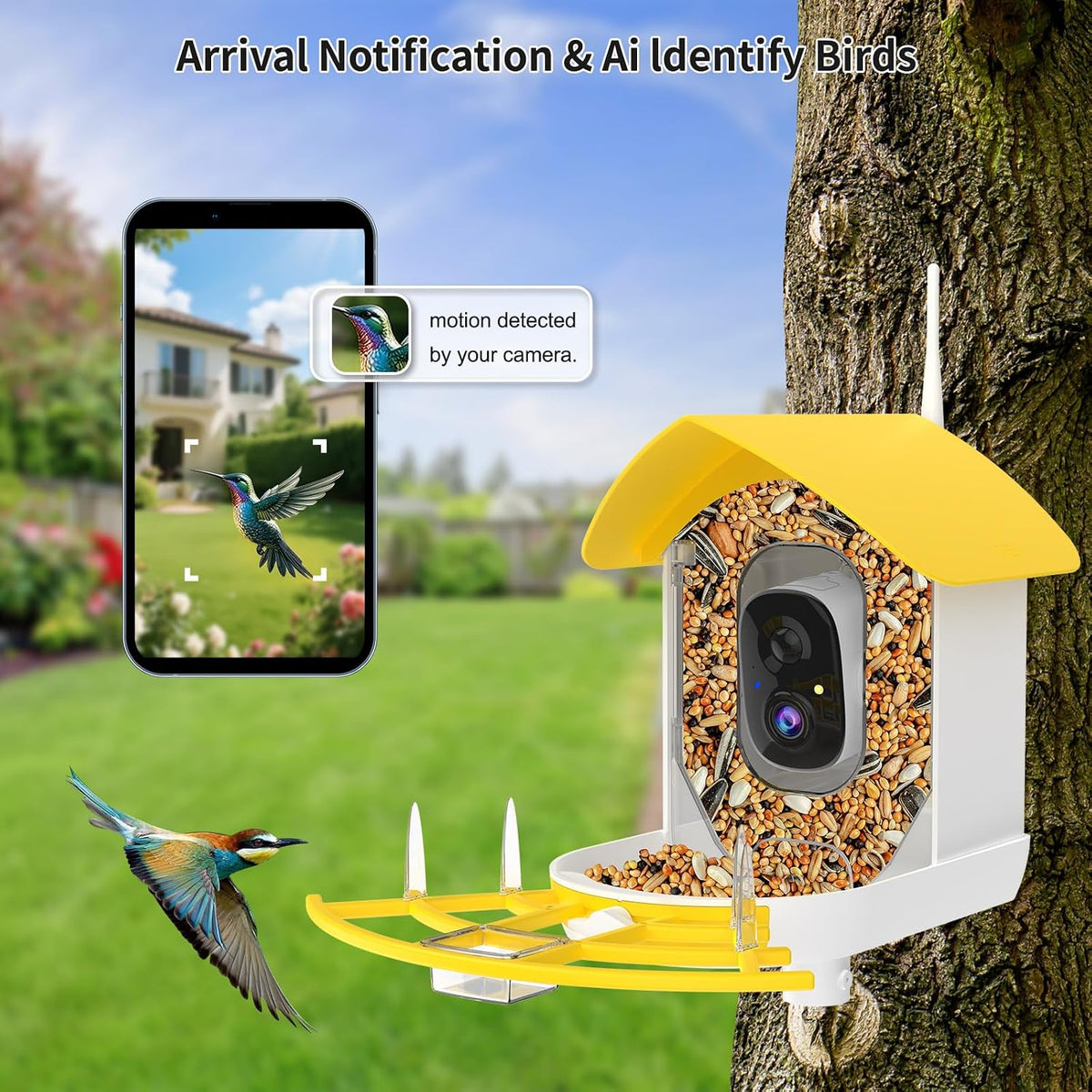 fazoxo bird feeder with camera,birds house camera,solar powered,yellow shown in use