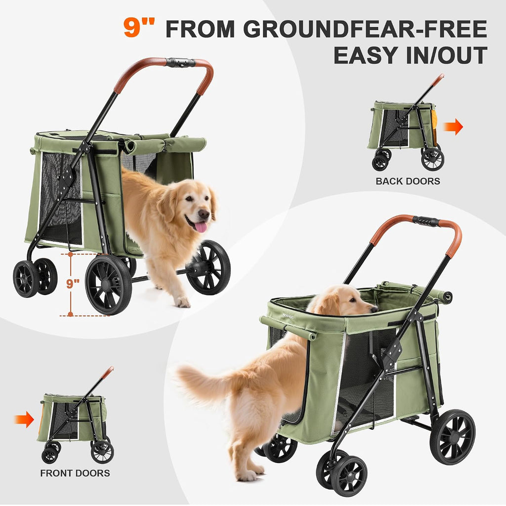 medium dog stroller, dual entry one-touch folding,small and showing dimensions