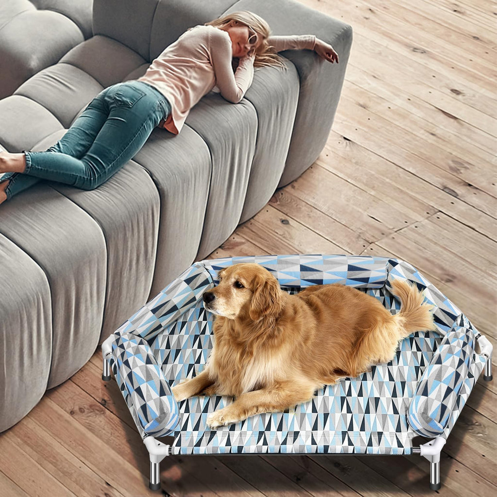 elevated dog bed with bolster, raised cooling orthopedic showing dimensions