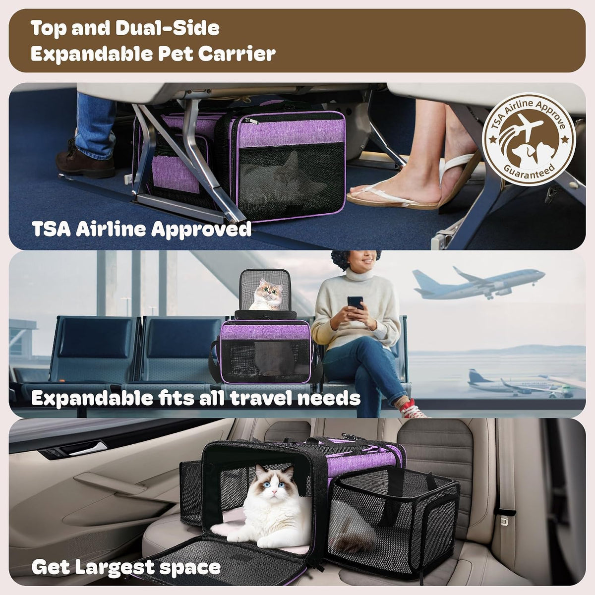 top and 2 sides expandable cat carrier 18x13.5x9.5 shown in use