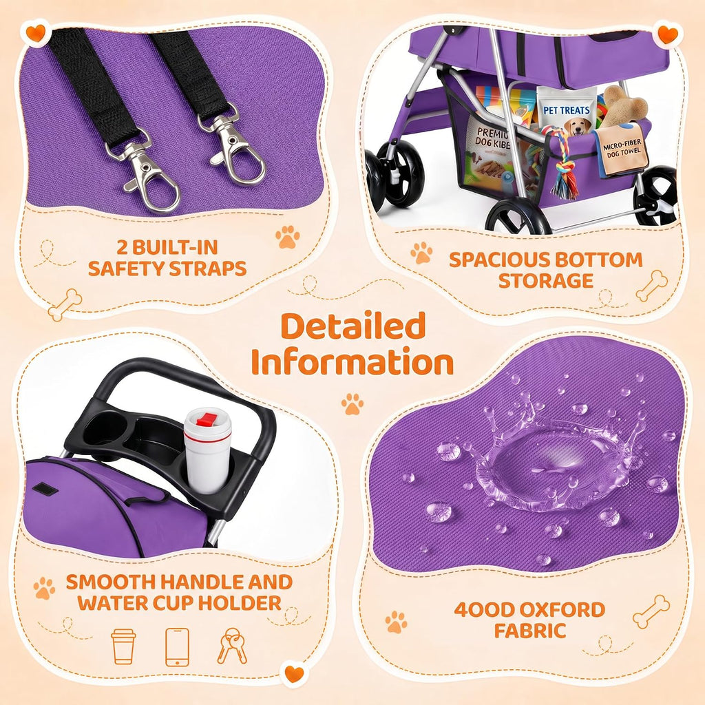 zeny foldable pet stroller, cat/dog stroller with 4, side view