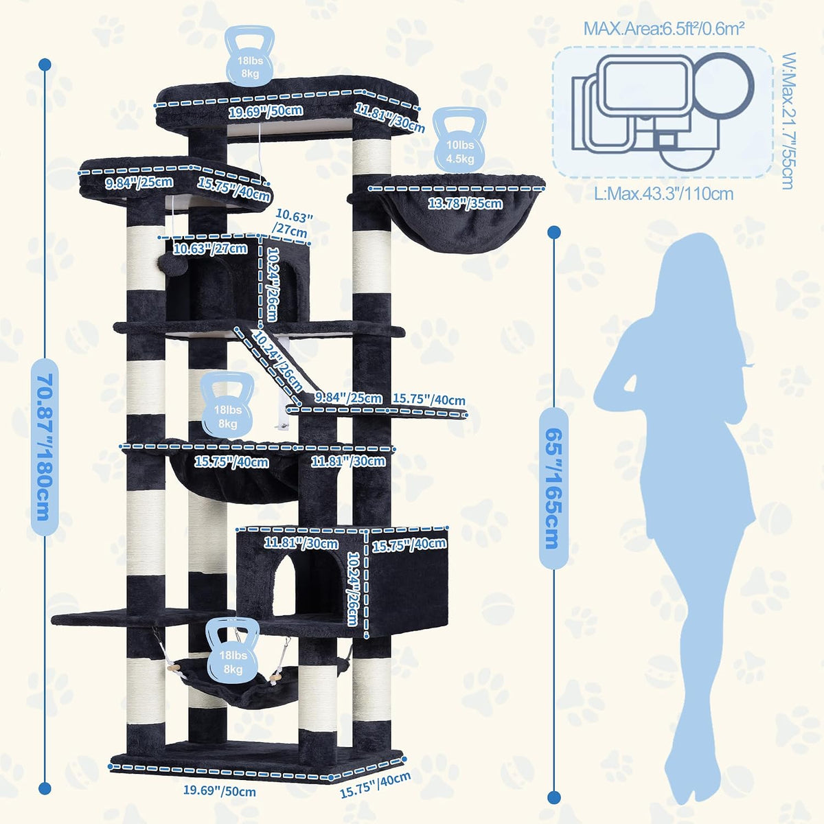 heybly cat tree, 71-inch-tall tower for indoor cats showing dimensions