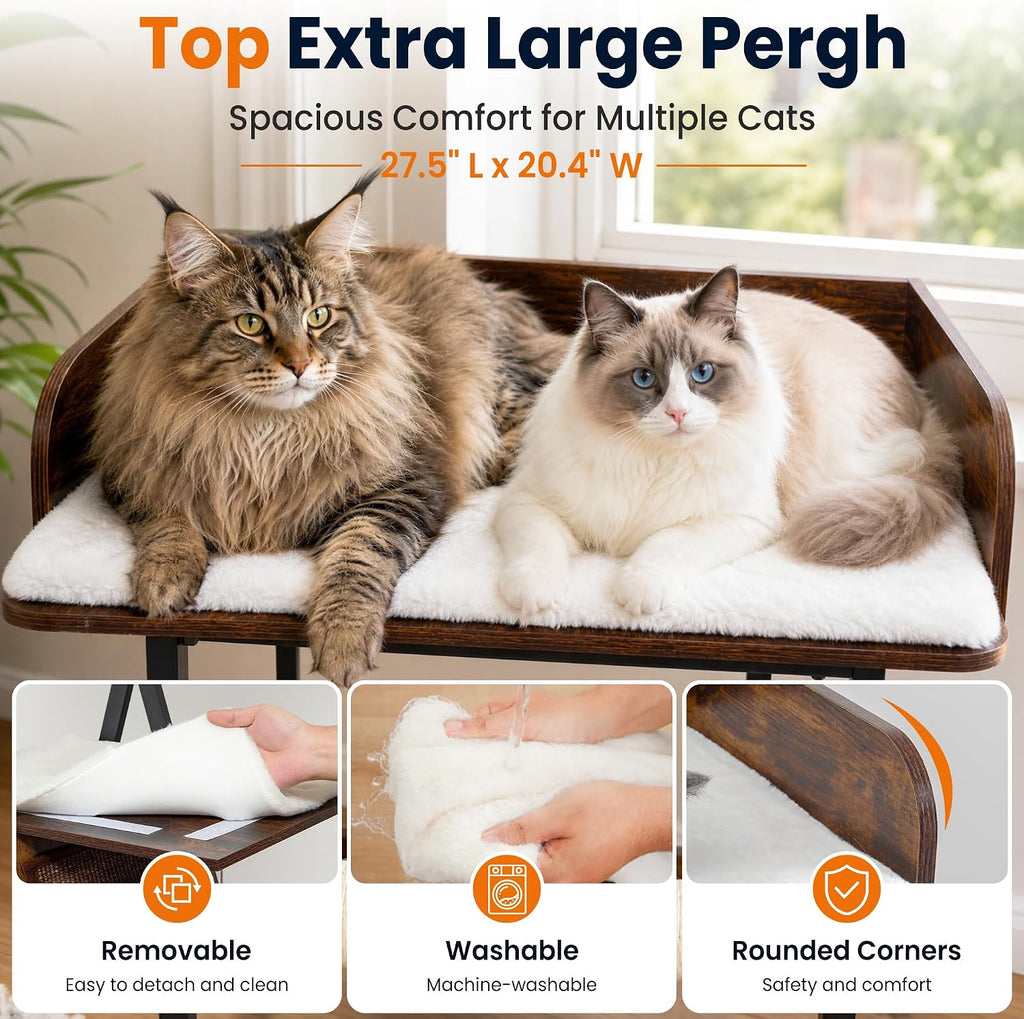 48in wood modern cat tree for large indoor, close-up detail