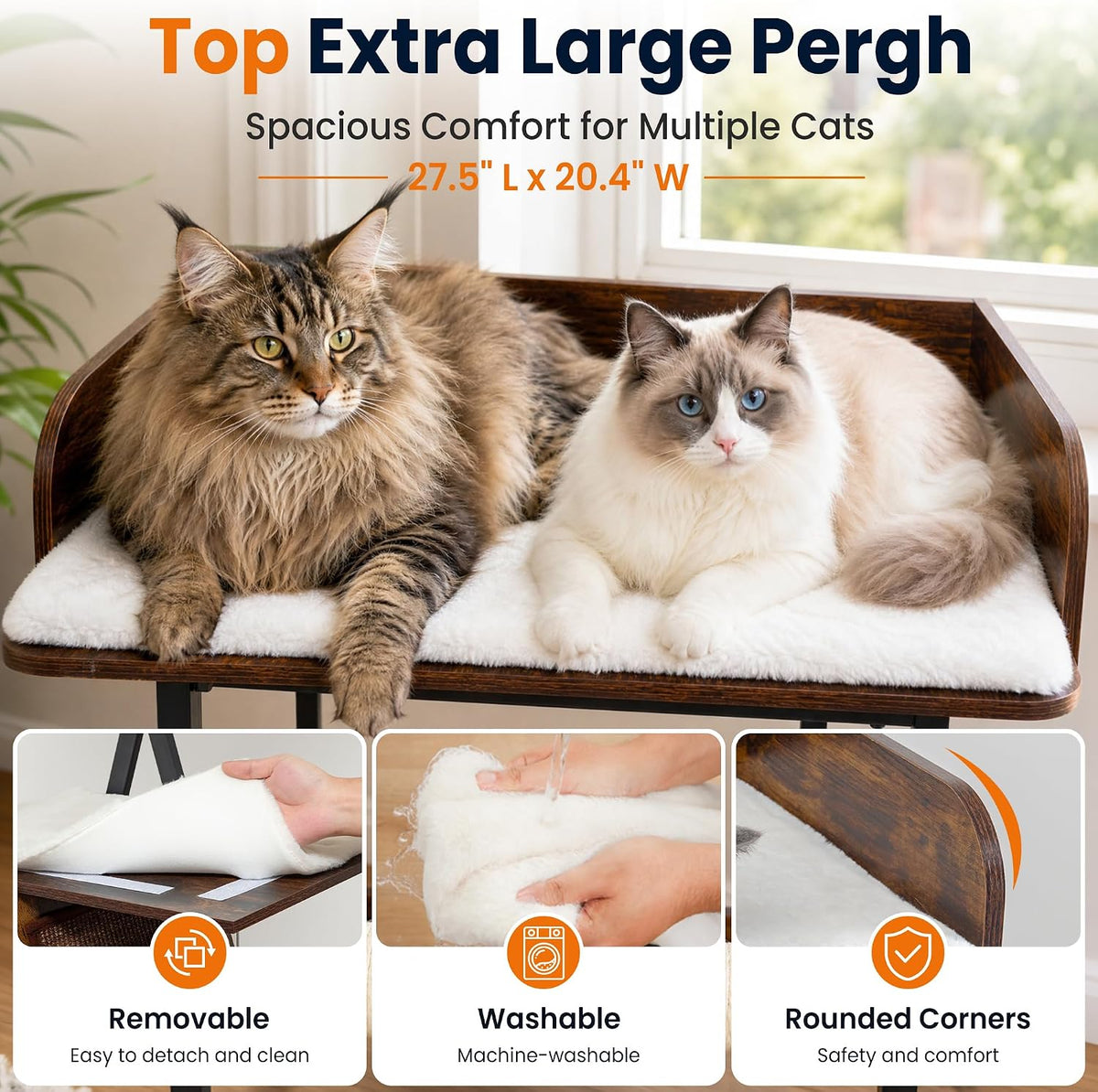 48in wood modern cat tree for large indoor, close-up detail