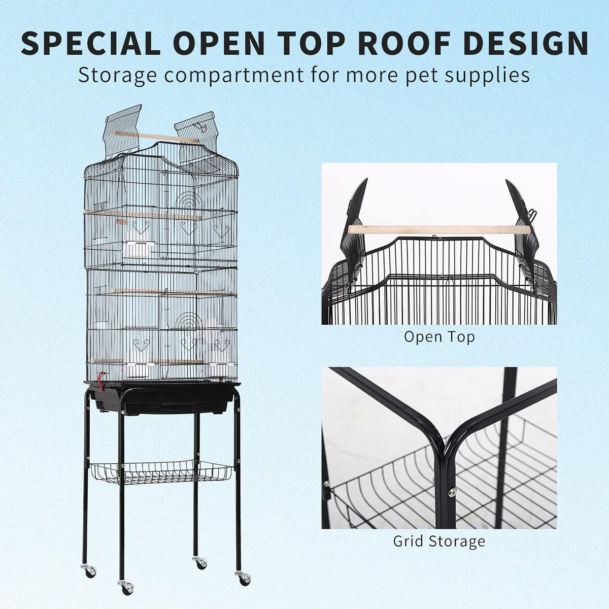 hcy open top standing bird cage 64 inch showing dimensions