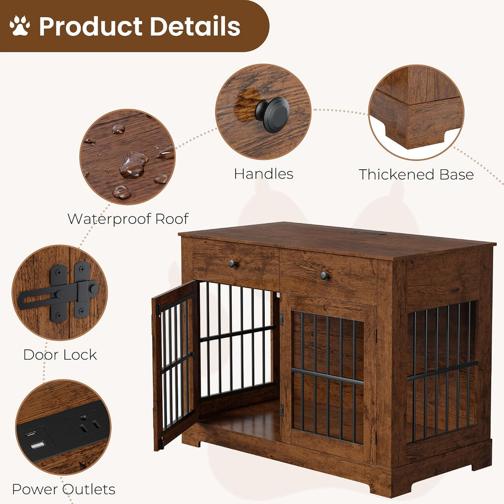 44'' dog crate furniture large wooden dog kennel, close-up detail