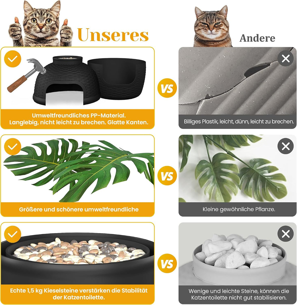 hidden litter box with faux plant, large cat, side view