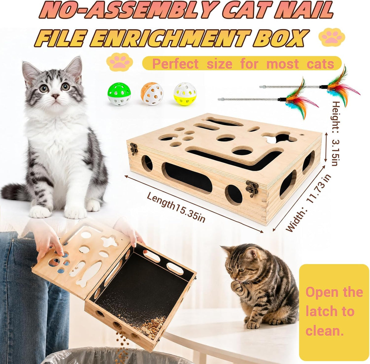 cat scratch puzzle enrichment box, interactive cat toy showing dimensions