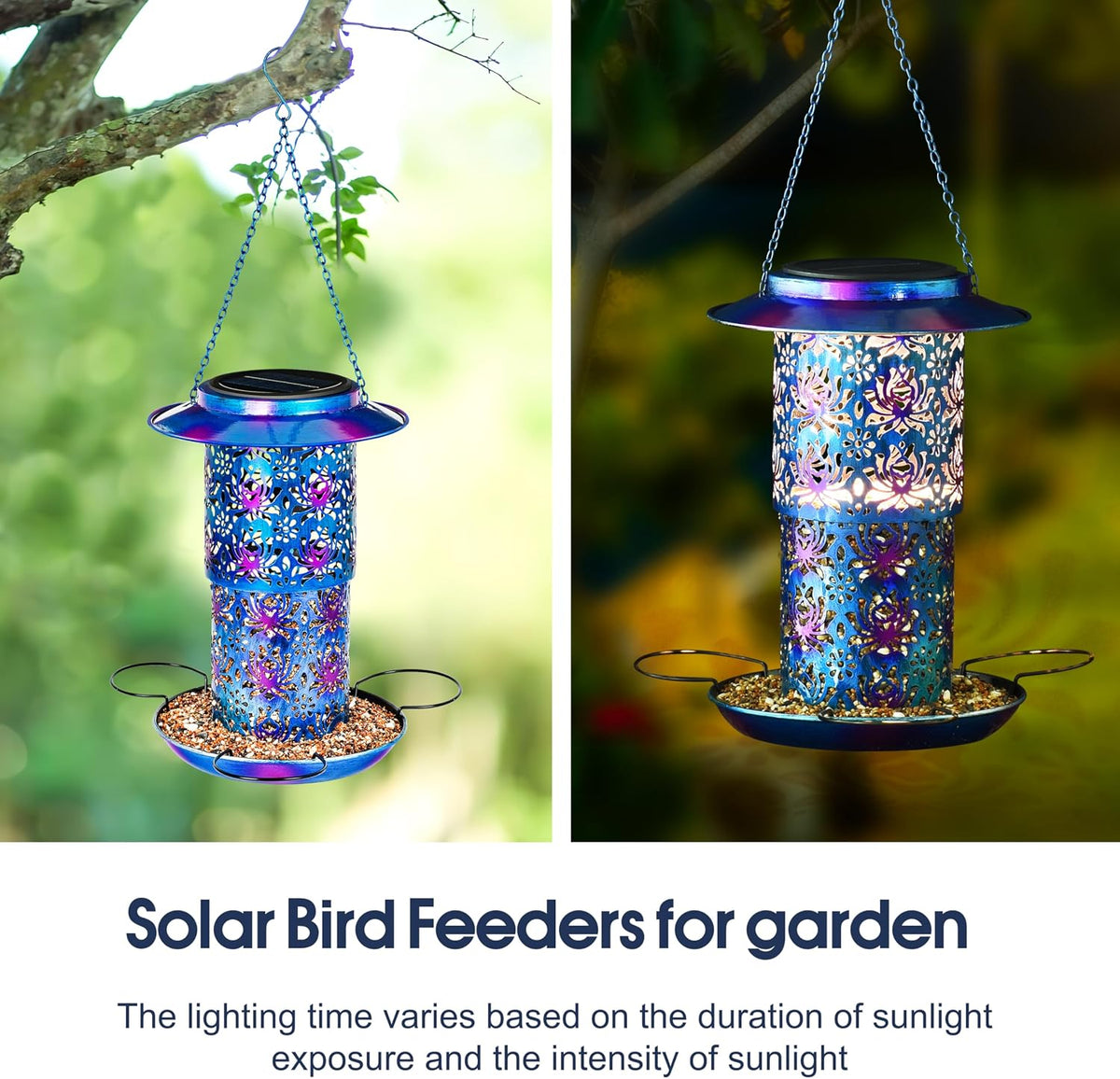 ottsuls solar bird feeder for outdoors hanging, metal, close-up detail