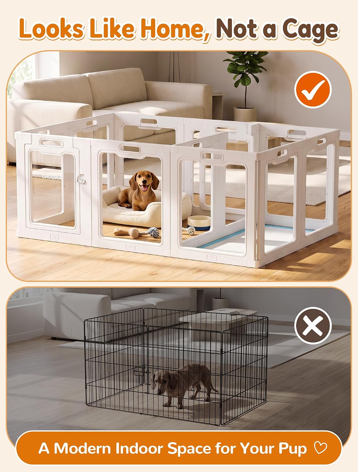 ordora clear acrylic dog playpen indoor, 24" h, side view