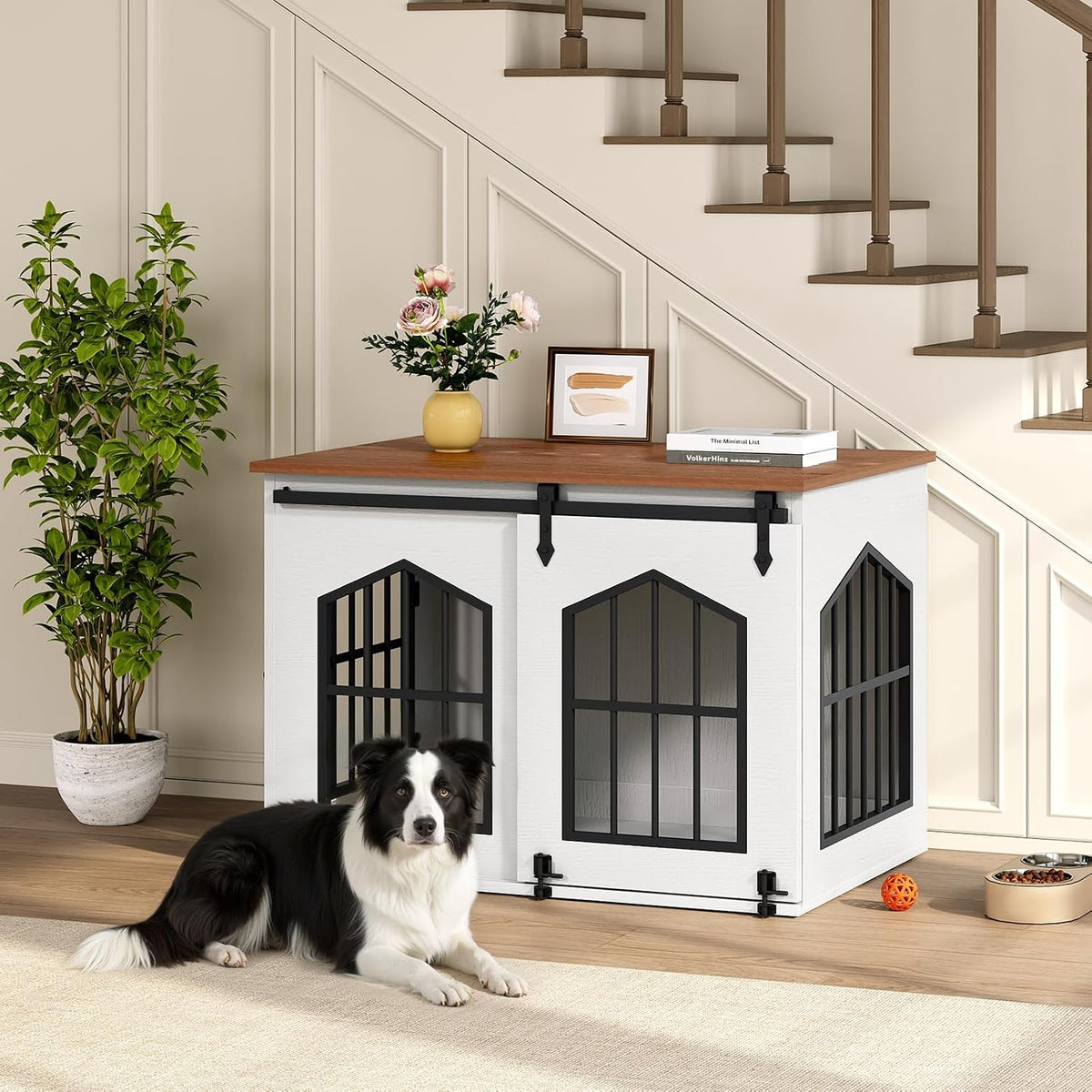 mahancris dog crate furniture, 31.5" farmhouse dog kennel, side view