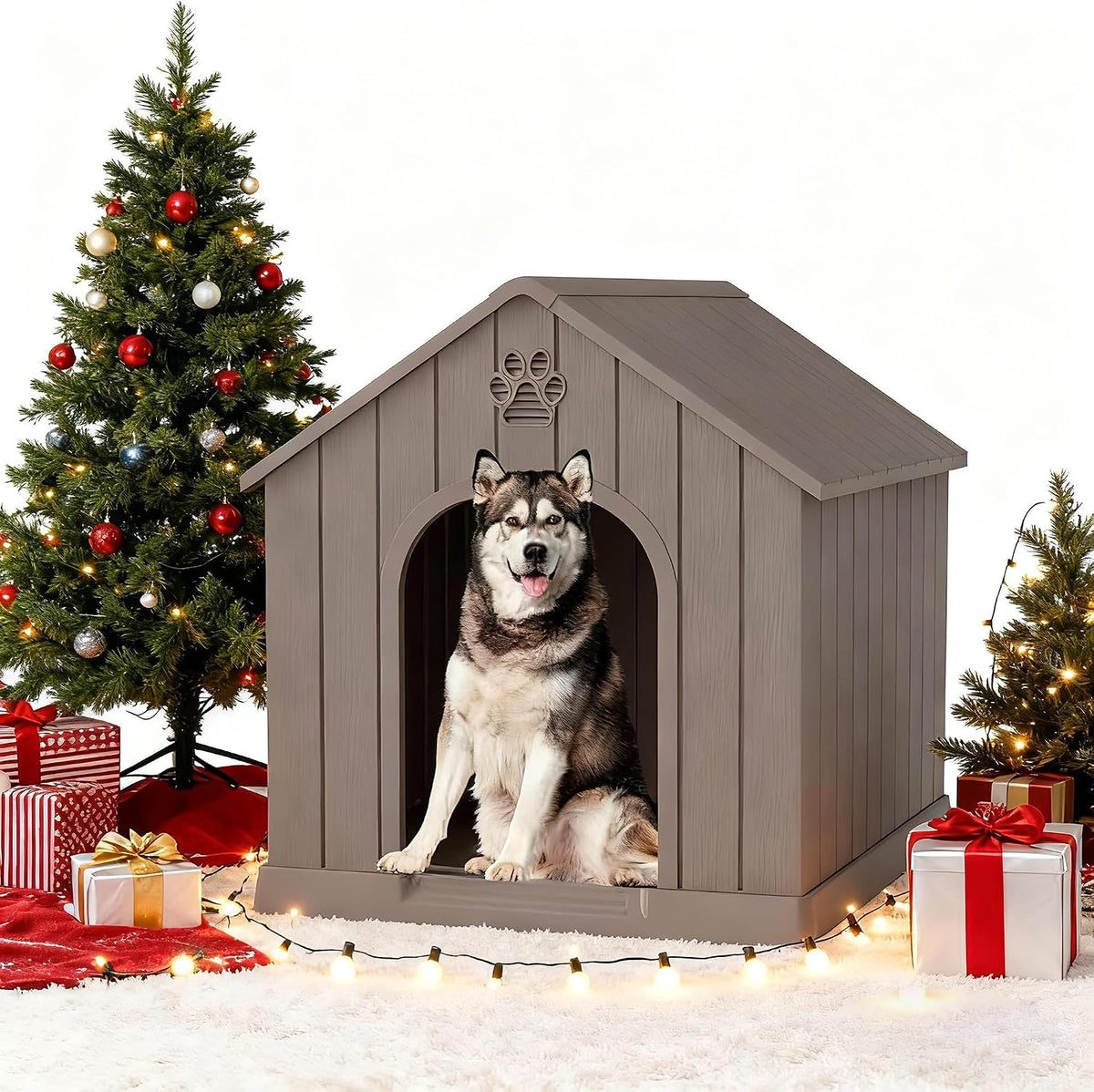 fancyango medium large dog house outdoor indoor, sturdy shown in use