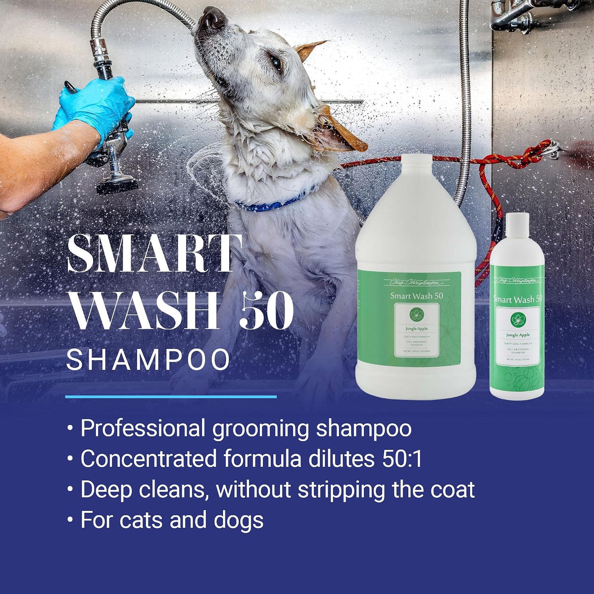 chris christensen smartwash 50 grooming shampoo jungle apple shown in use