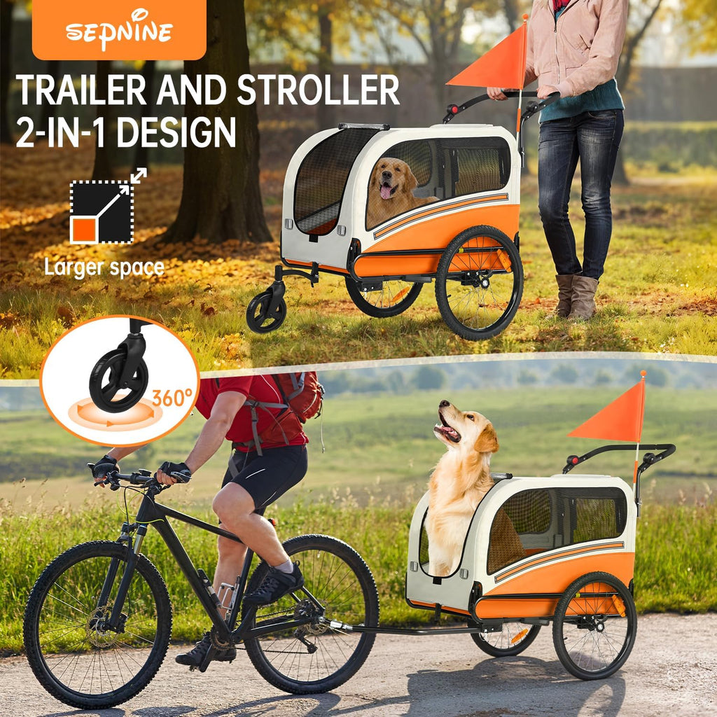 sepnine dog bike trailer, supports up to 110 shown in use