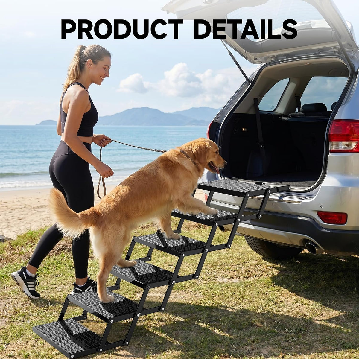 6-step dog stairs for car, foldable pet steps, side view