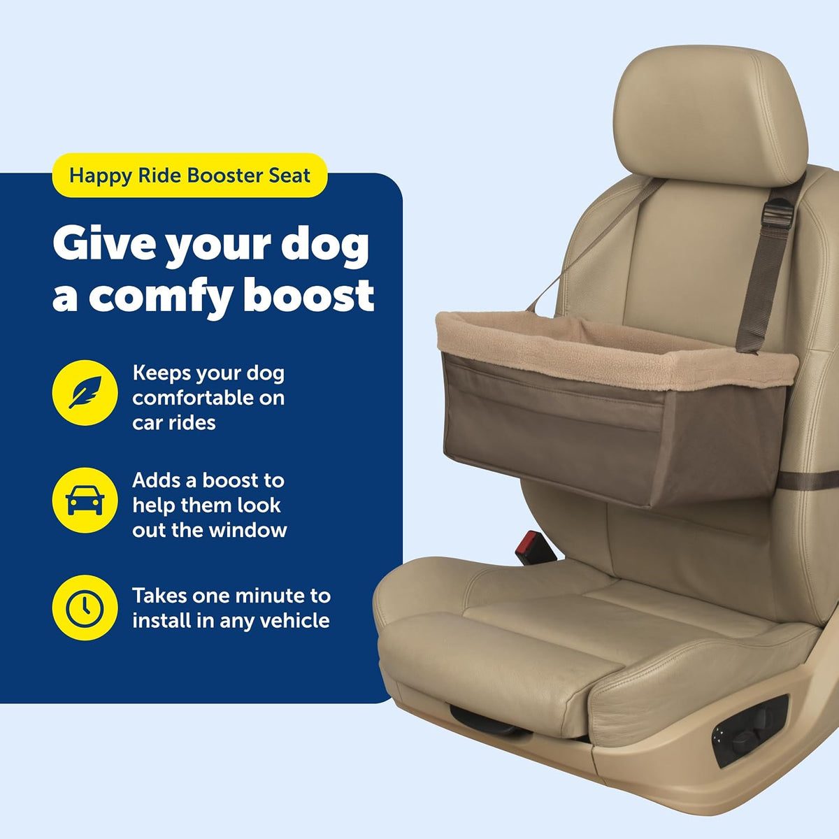 petsafe happy ride dog booster seat, brown, up, side view