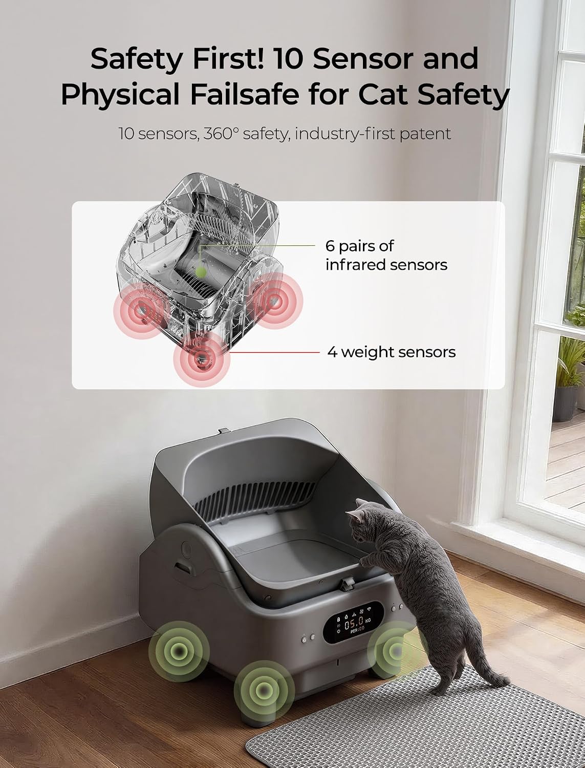 self cleaning cat litter box, smart automatic litter, close-up detail