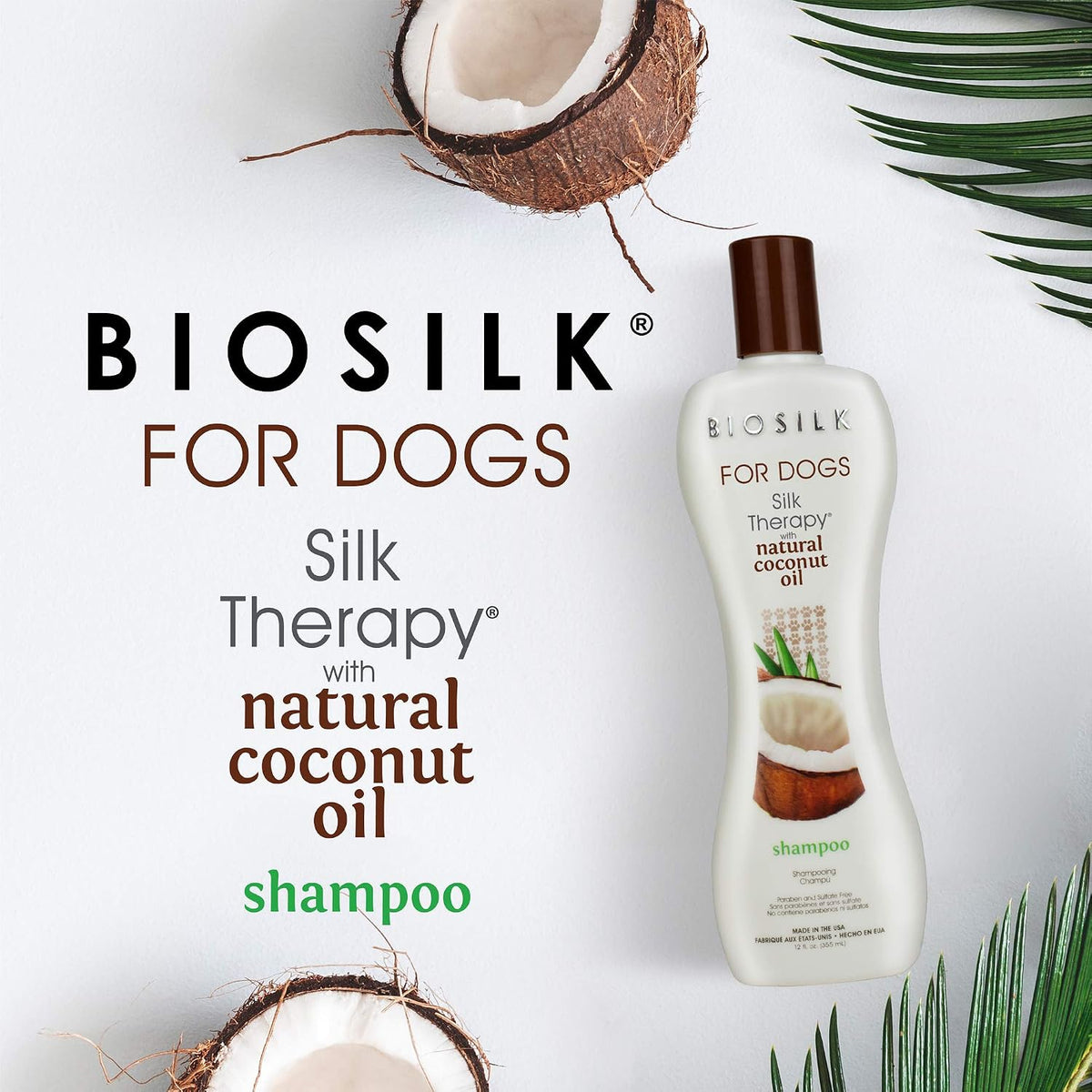 biosilk for dogs silk therapy shampoo, with coconut shown in use