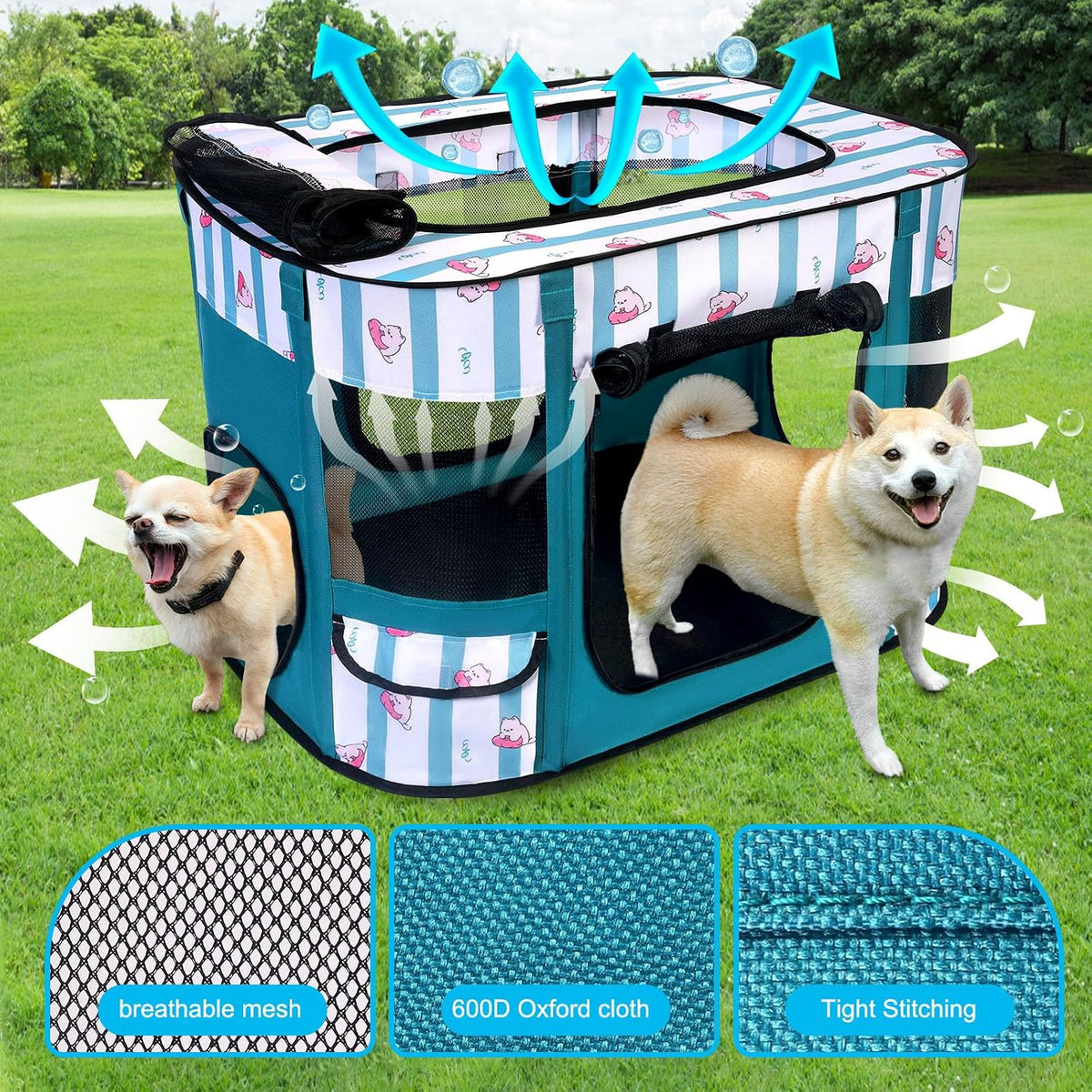 dog play pen indoors, pink crate, dog pen,portable shown in use