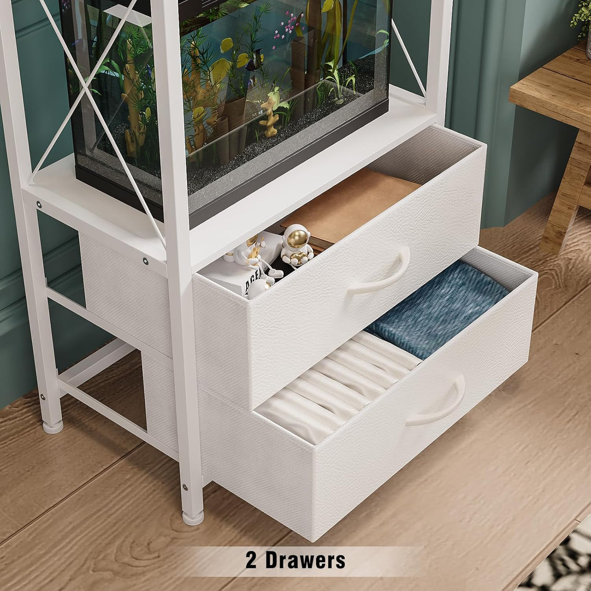 10 gallon aquarium stand with 2 drawers, white, side view
