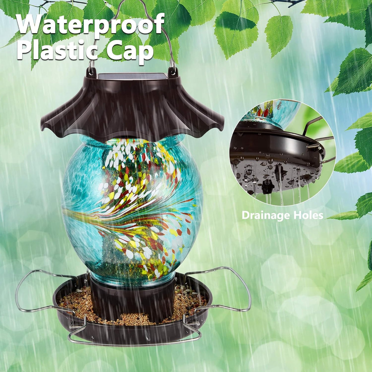 lujii solar bird feeder for outdoors hanging, hand, side view
