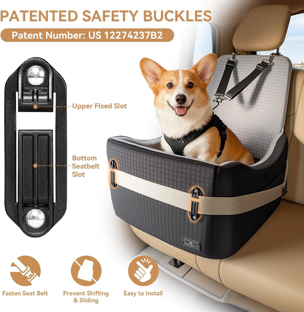 petsfit dog car seat with patented safety system shown in use
