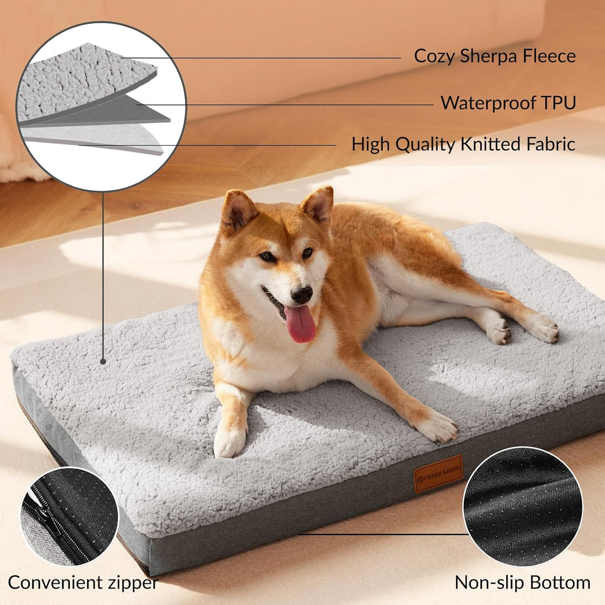 patas lague orthopedic large dog bed washable pet, close-up detail