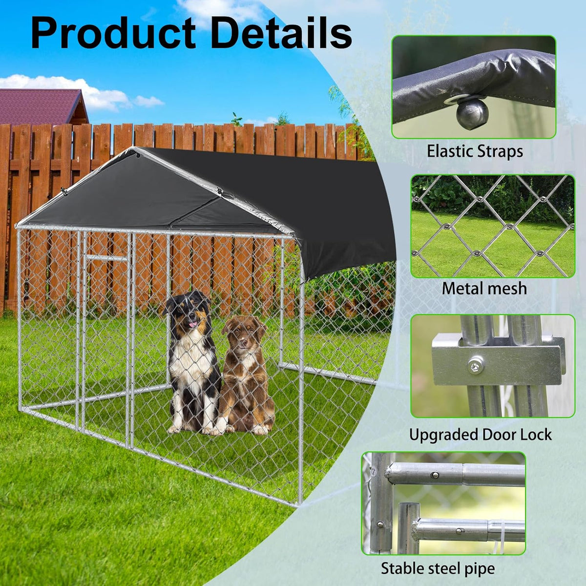 10x10 ft outdoor metal dog kennel with roof, side view