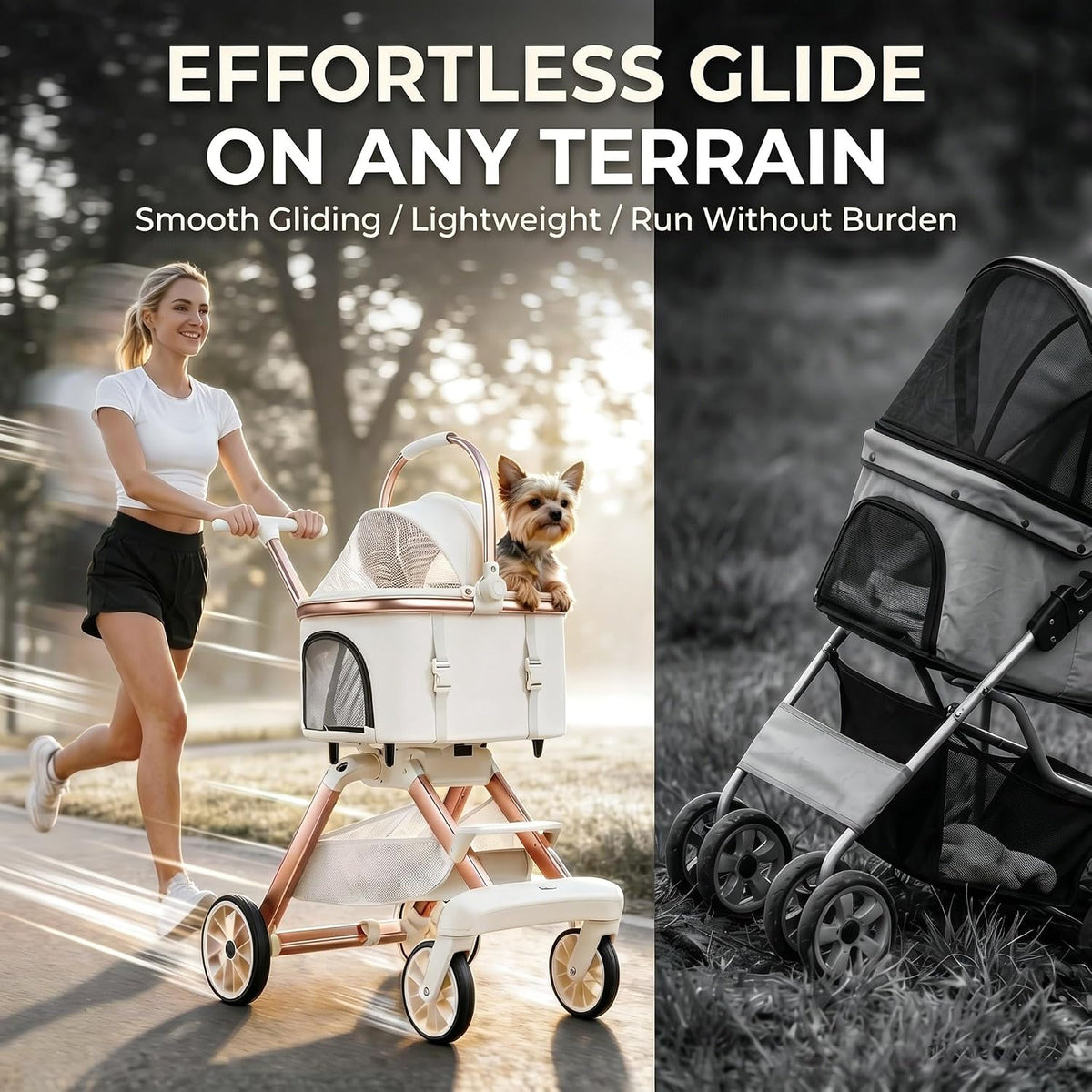 all-terrain pet stroller for small medium dogs & shown in use