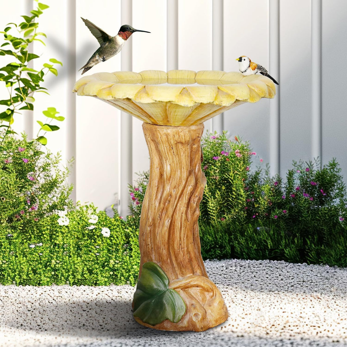 skyfire 24.4" h sunflower bird bath outdoor shown in use
