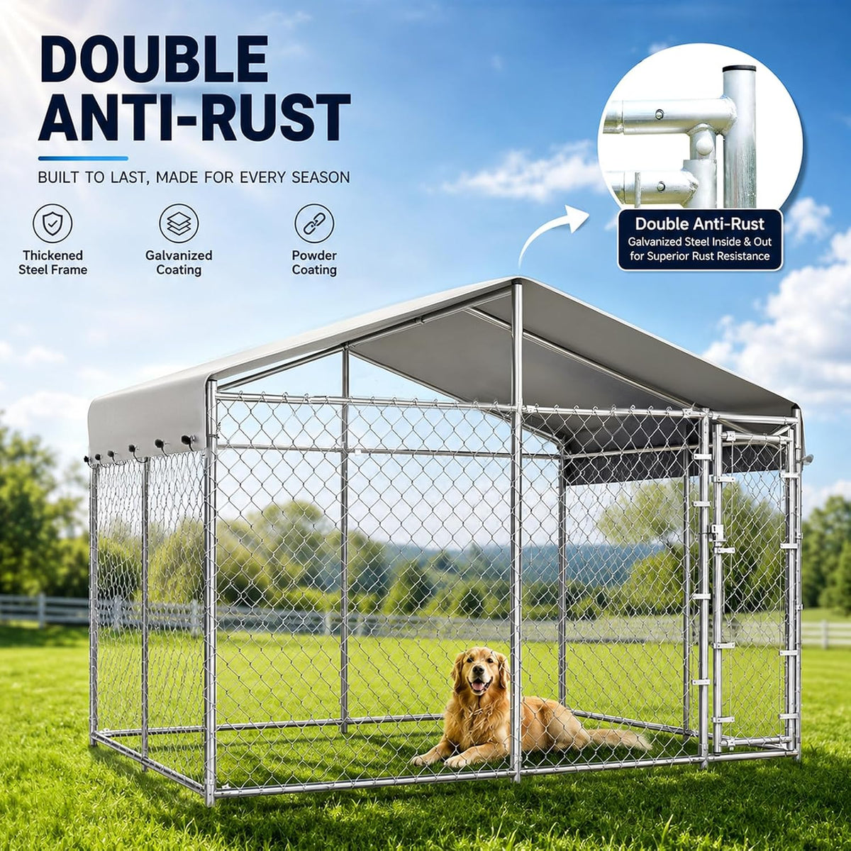 10x10ft extra large dog kennel outdoor, heavy-duty outside, close-up detail