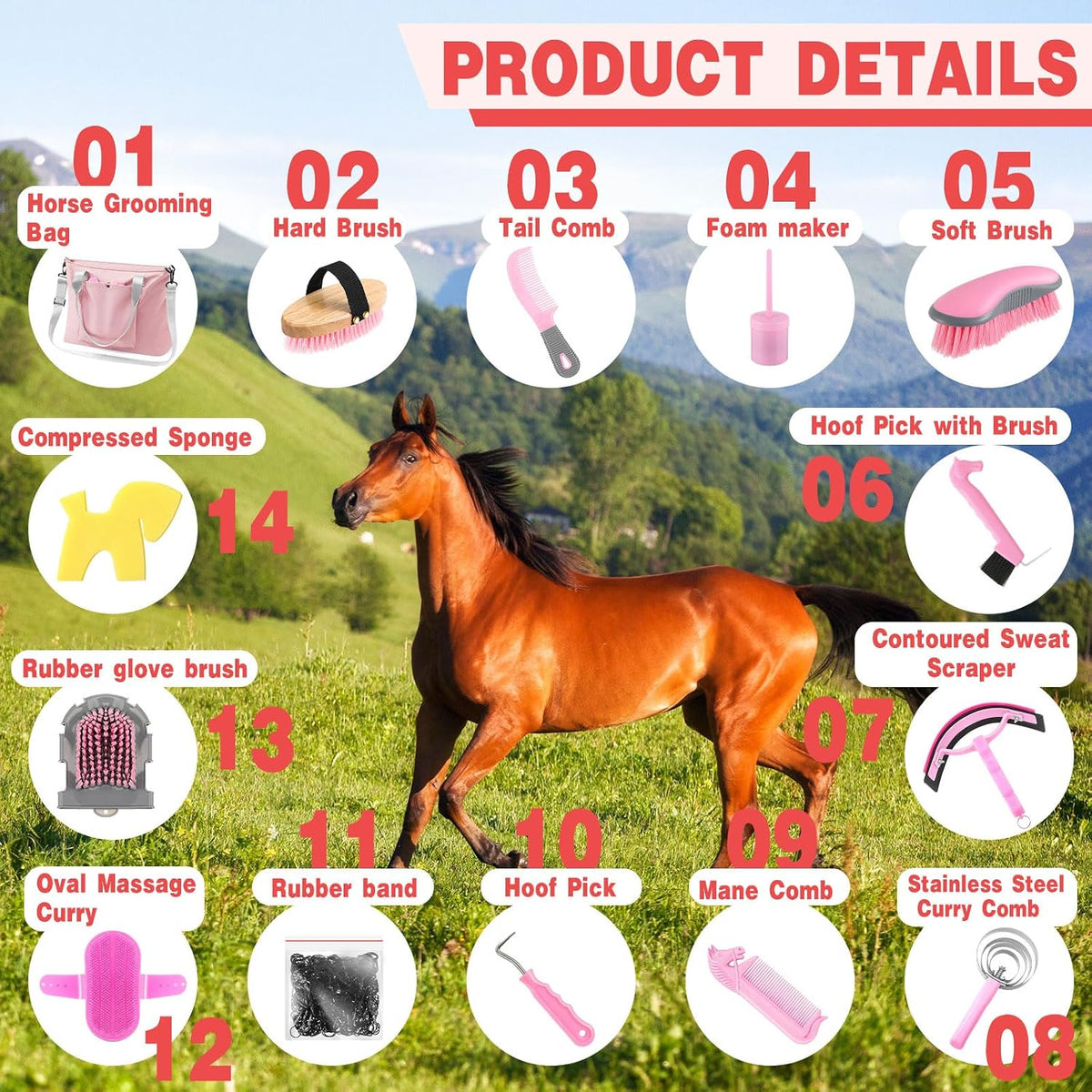 abbylike 15 pieces horse grooming kit with organizer, close-up detail