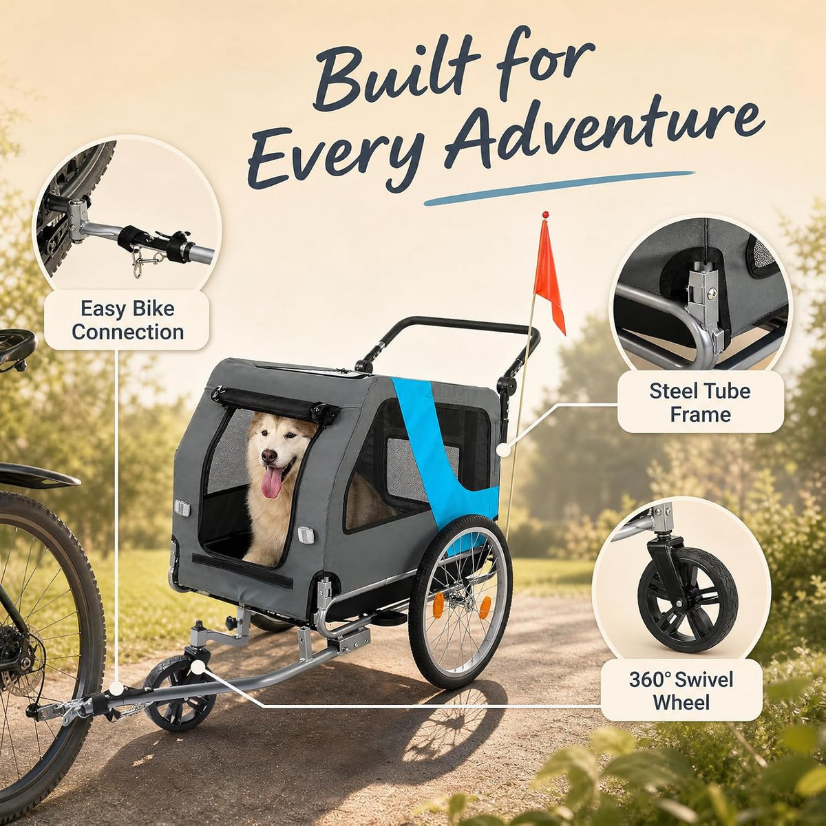 2-in-1 pet bike trailer & stroller, 165lbs carrier, side view