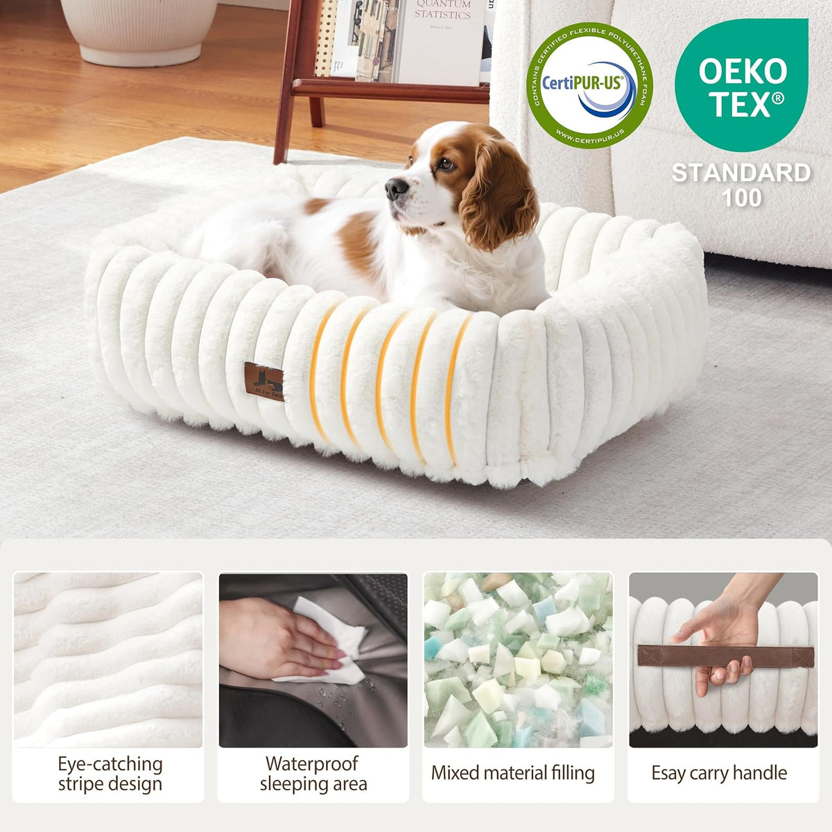 washable dog bed for small medium dogs, rectangle shown in use