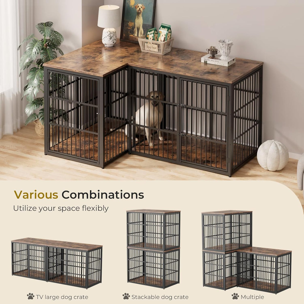 48" xxl dog crate furniture, 3-door heavy duty shown in use