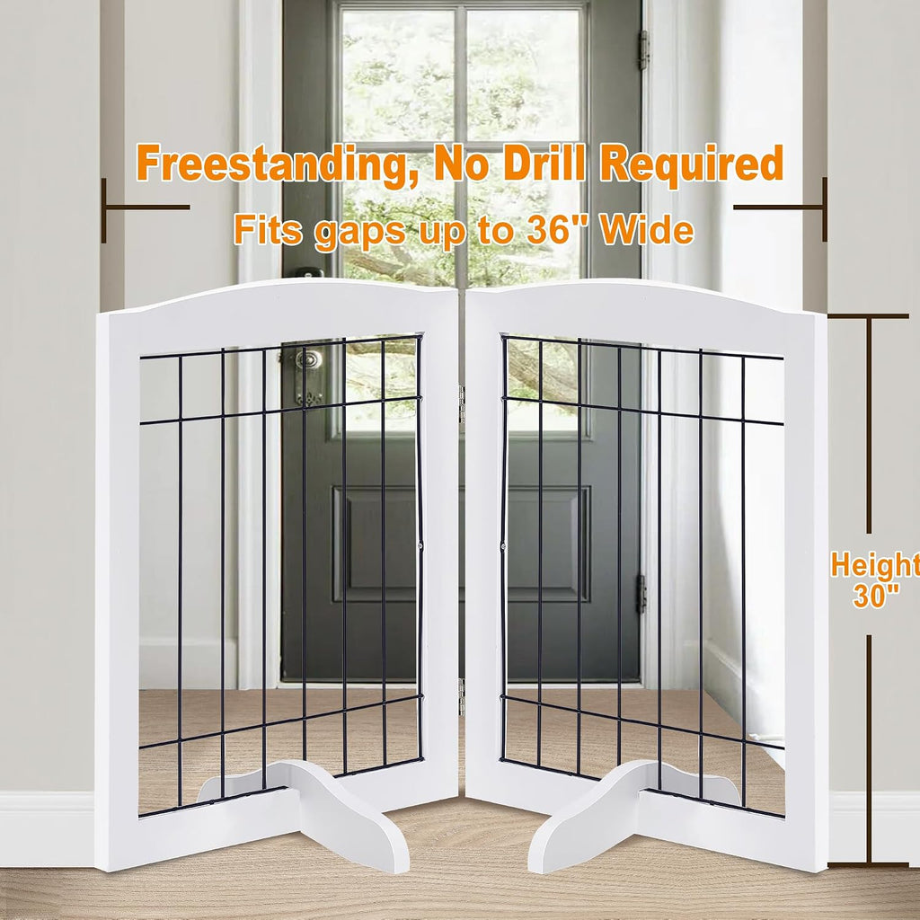 lzrs 2-panel freestanding adjustable wooden dog gate—30” tall shown in use