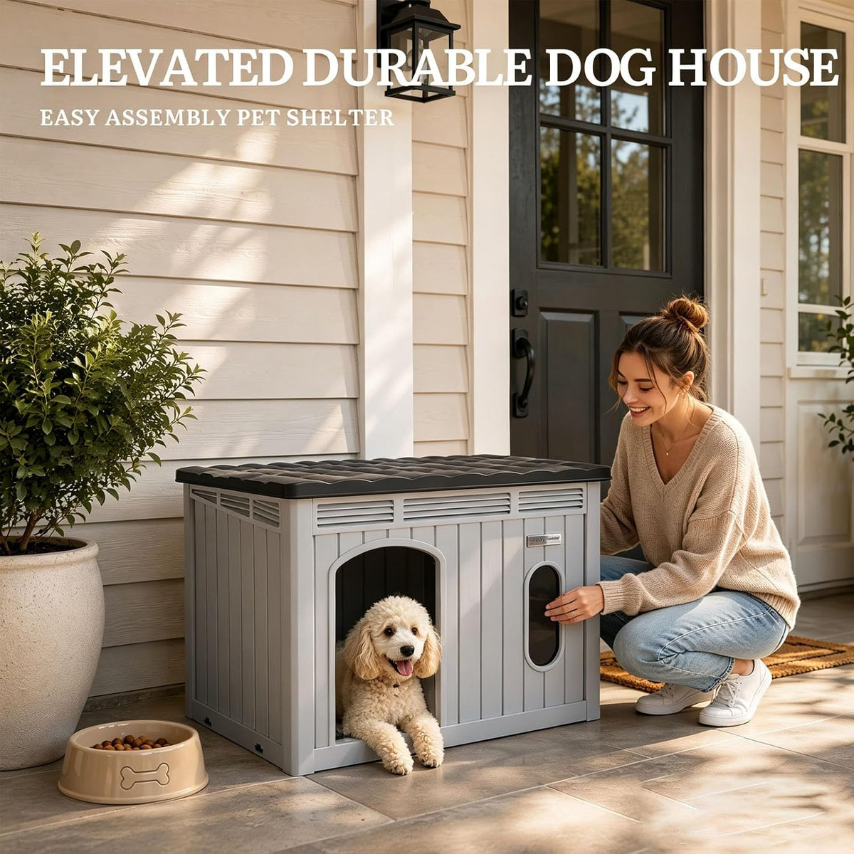 yitahome 32" dog house w/lift-up roof, in/outdoor ventilated shown in use